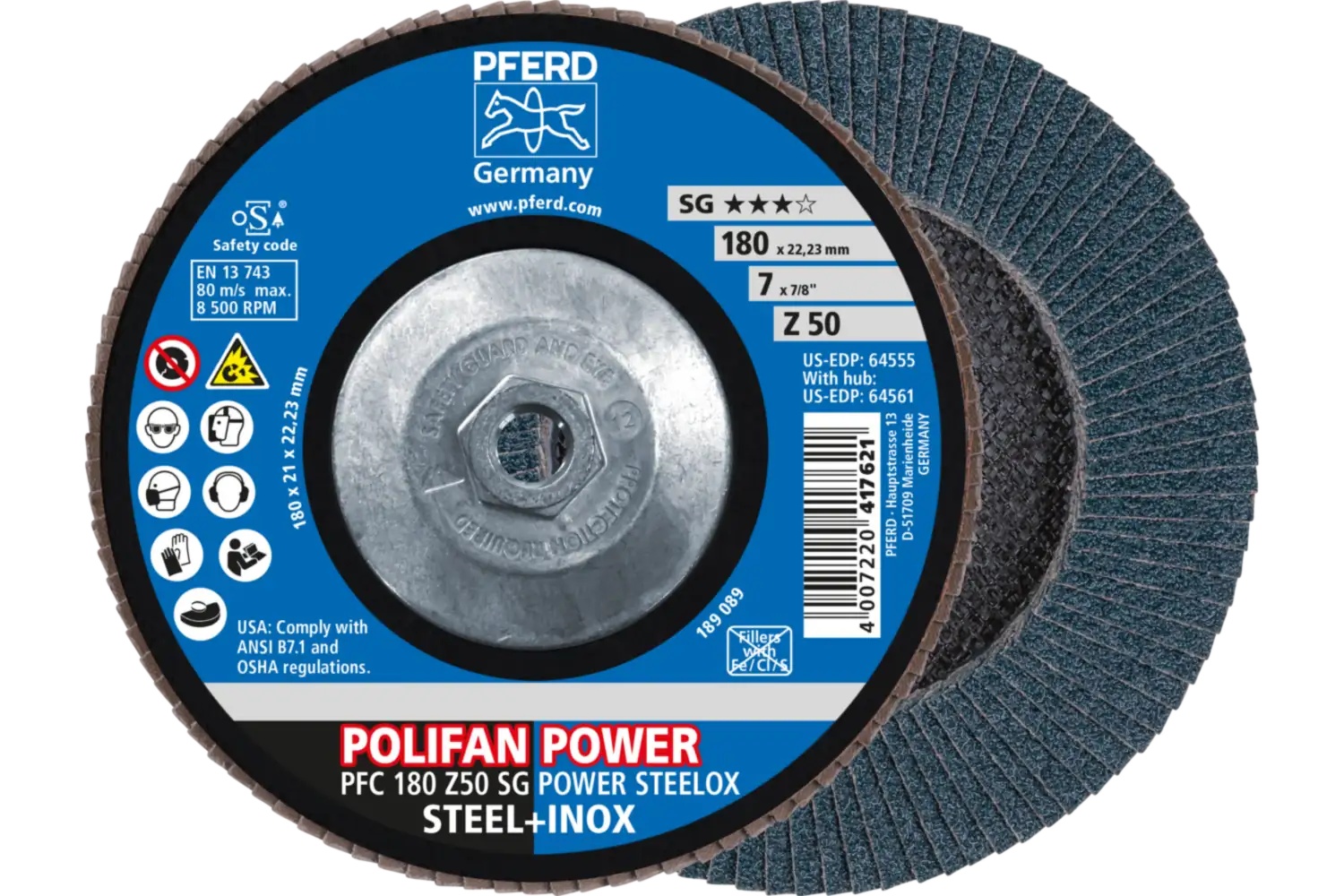 Picture of Pferd Flap Disc, 7" x 5/8-11, Z SG Power Steelox, 50 Grit, T29, Conical, Zirconia